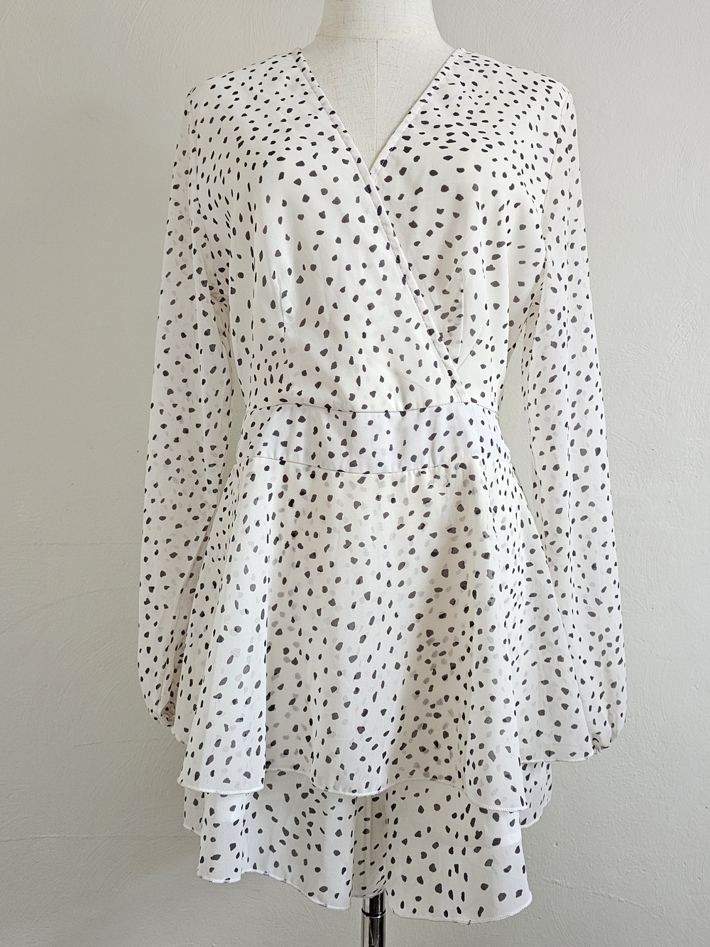 Fashion White Long-Sleeve Polka Dot Wrap Dress Sz M